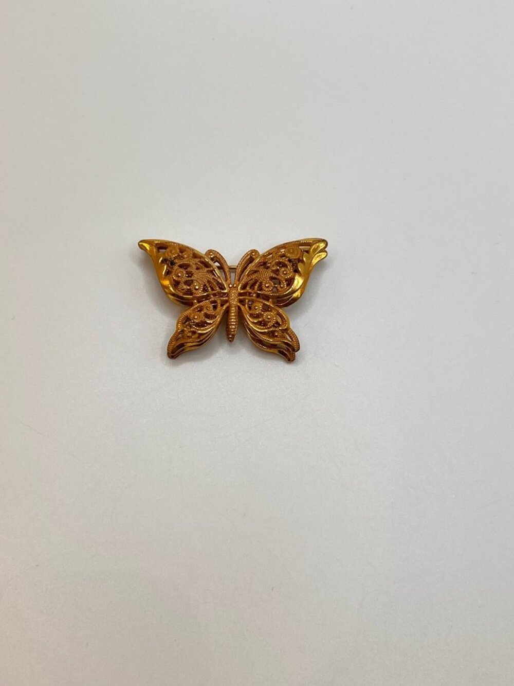Signed Vintage Miriam Haskell Gold Tone Butterfly Brooch Filigree Pin